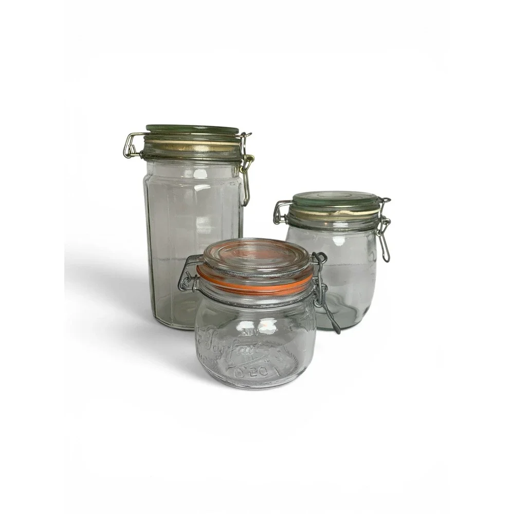 Vintage Clear Glass Wire Bale Jars Swing Top Clamp Lid Canisters Mixed Lot of 3‎